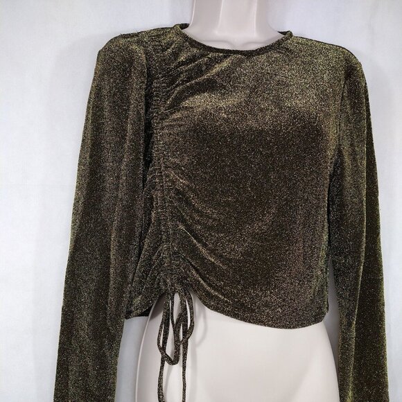 Wild Fable Cropped Top Women Size XL Glittery Gold Long Sleeve NEW FLAWS - Picture 2 of 8